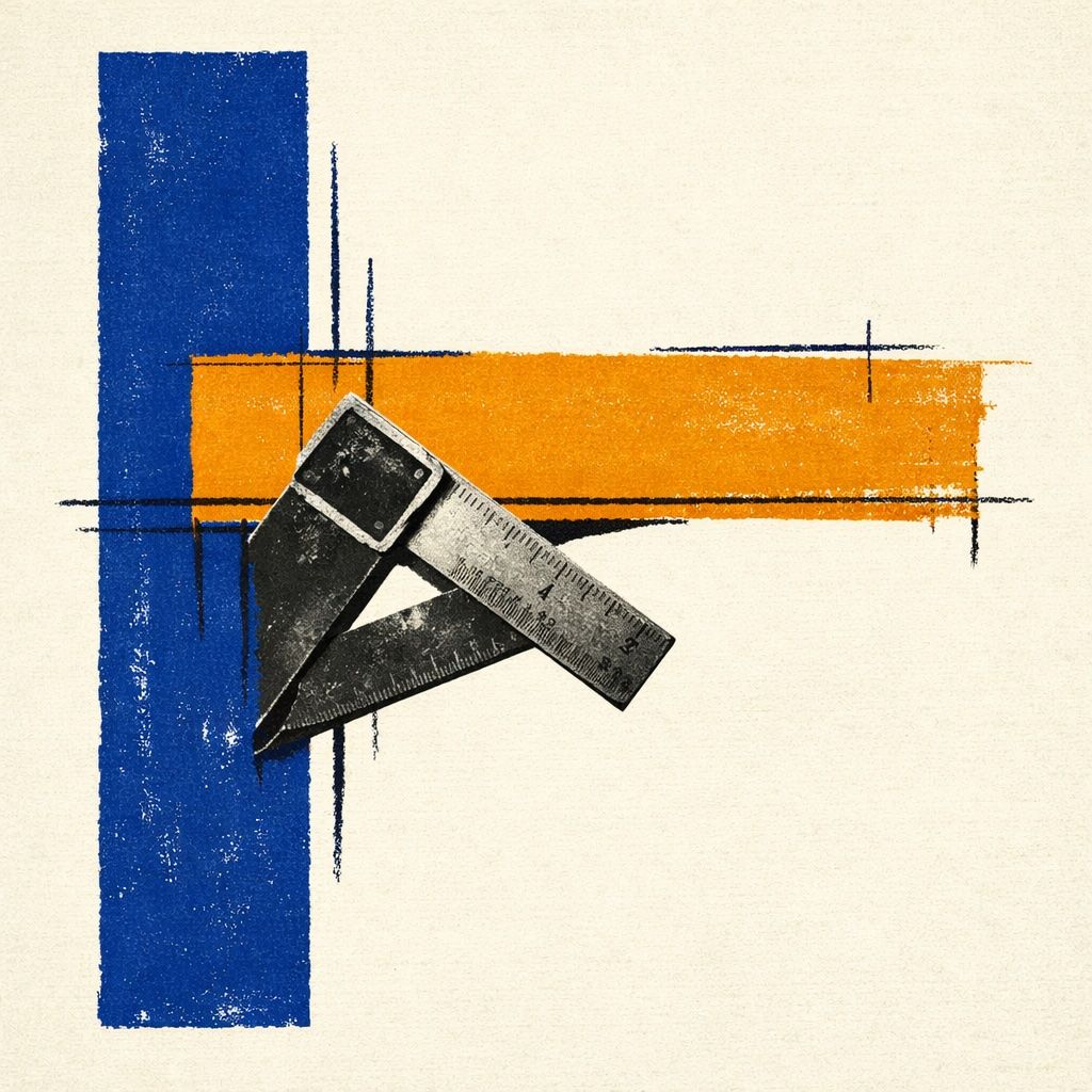 Saul Bass-style poster: an unfinished blue-and-amber scaffold with a steel drafting square, evoking building an analytics dashboard from scratch.