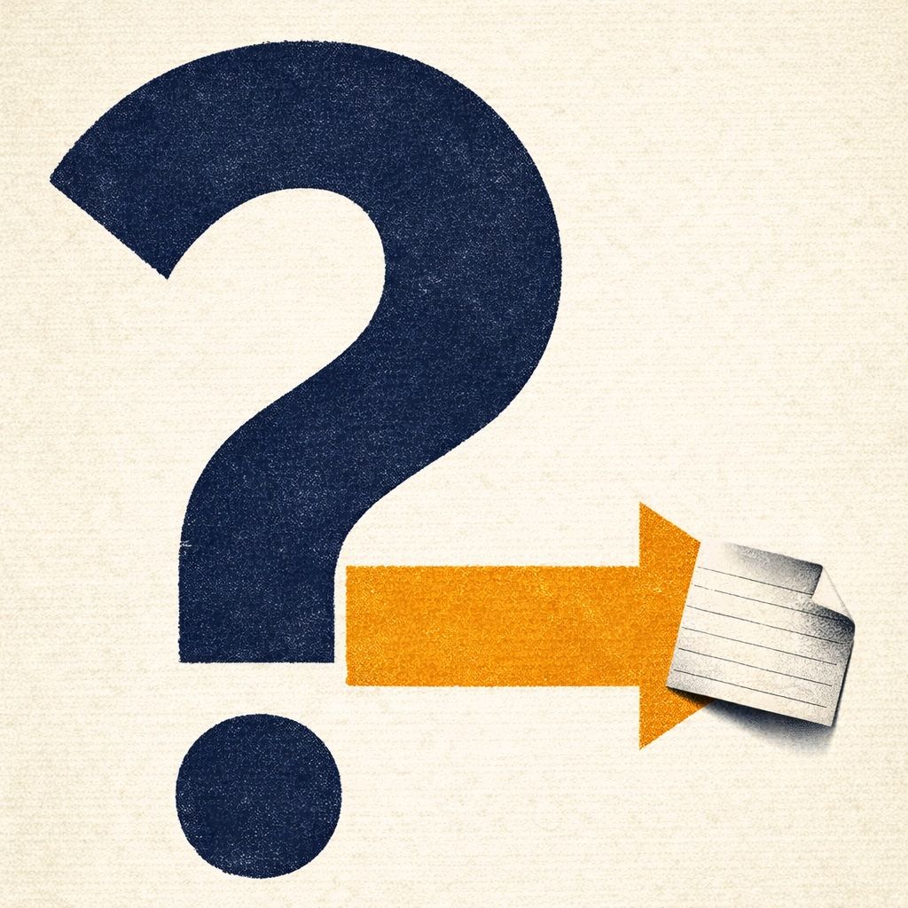 Saul Bass-style poster: a large question mark whose tail curves into an arrow pointing at an index card, evoking FAQs as a route to AI citation.