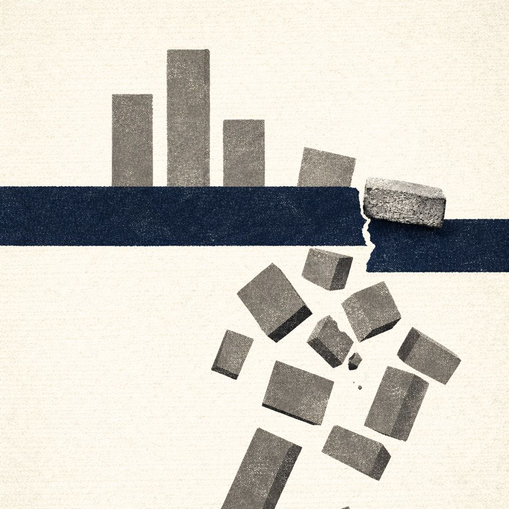 Saul Bass-style poster: an ordered grey structure fracturing below a cracked brick, evoking Meta's ad changes destabilising public sector comms.