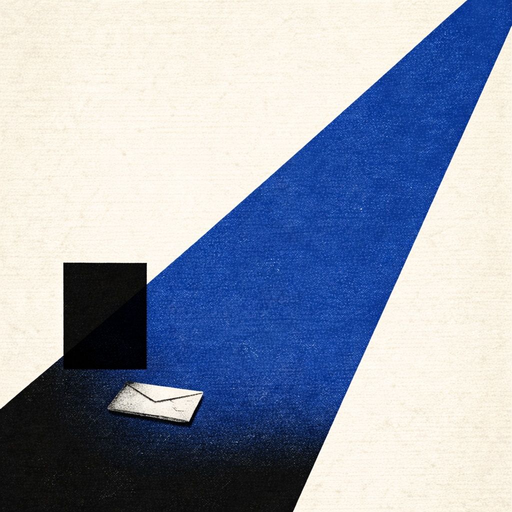 Saul Bass-style poster: a cobalt spotlight beam just missing a hidden envelope in the dark, evoking content that AI search can't see.