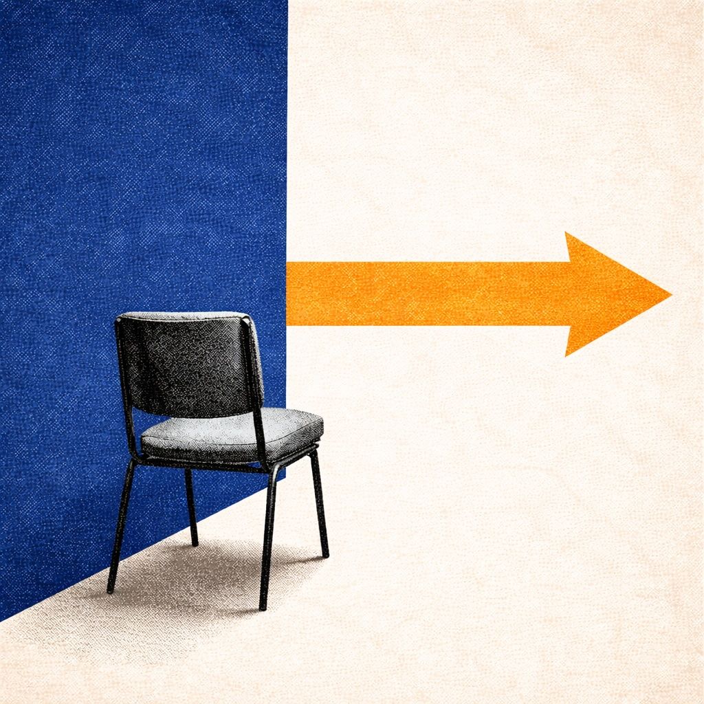 Saul Bass-style poster: an empty chair facing into a blue void with an arrow pointing at nothing, evoking websites built for visitors who never arrive.